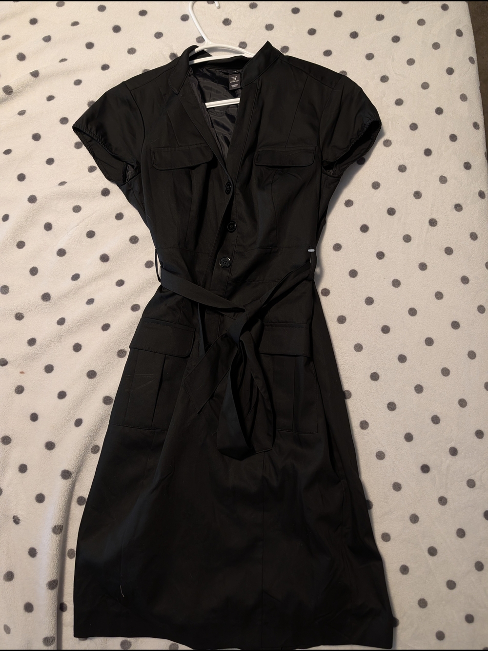H&M Black Short-Sleeve Shirt Midi Dress with Tie Waist